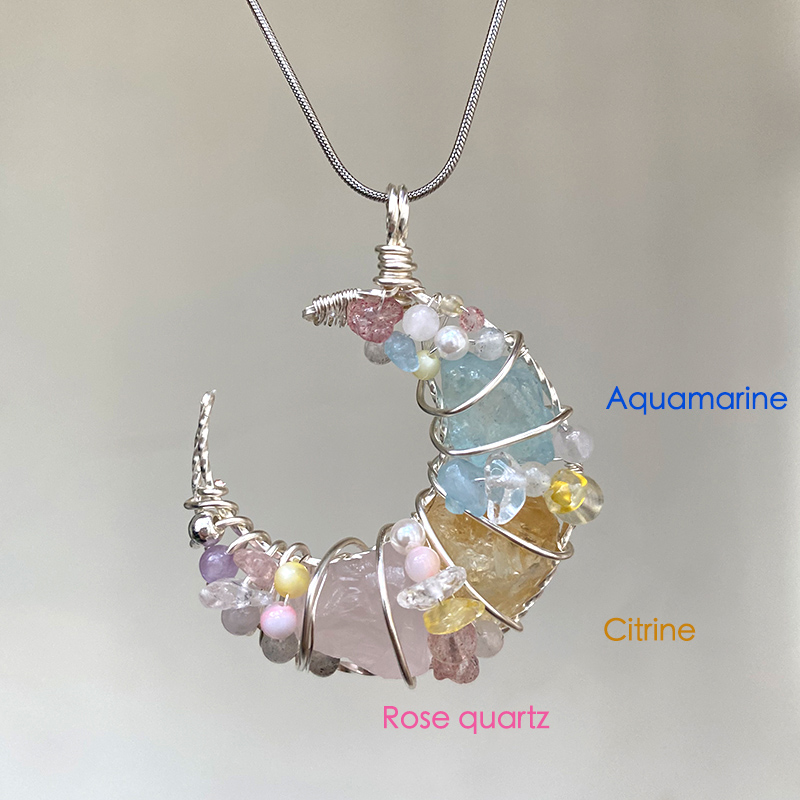 Natural Crystal Purely Handmade Moon-shaped Wrapped Wire Necklace-Customized