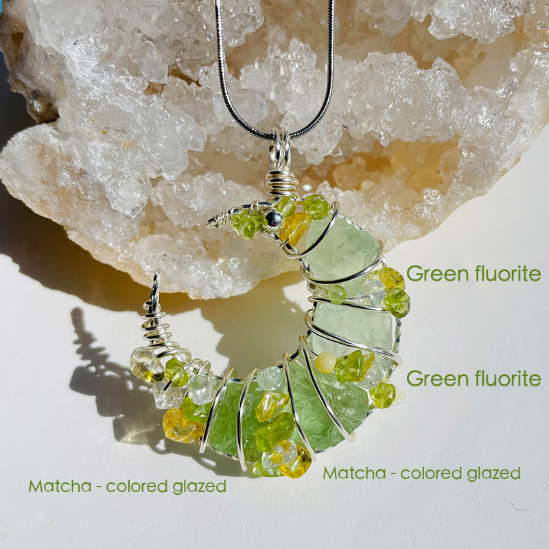 Natural Crystal Purely Handmade Moon-shaped Wrapped Wire Necklace-Customized