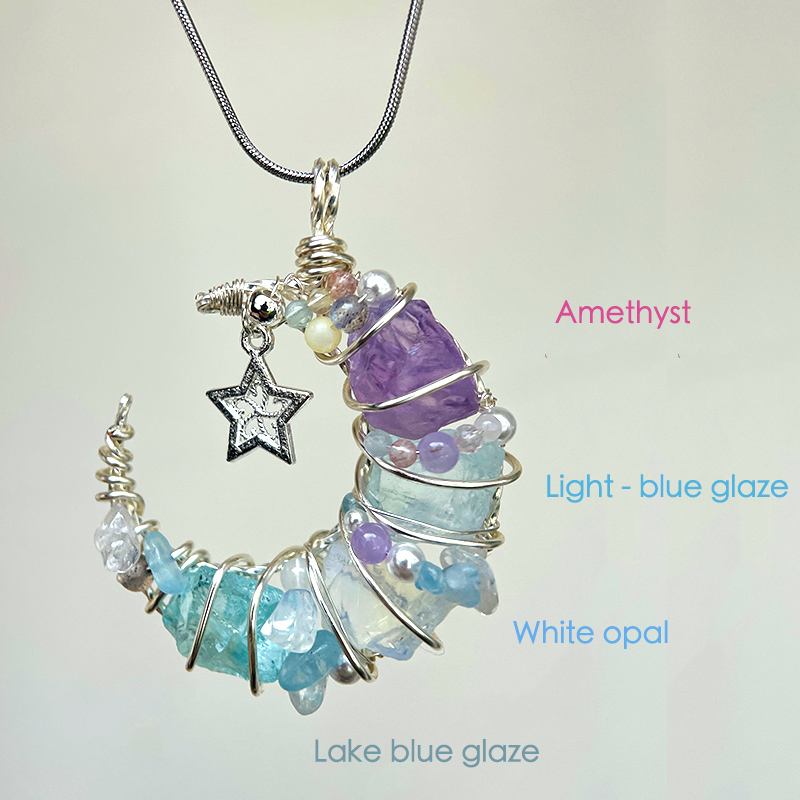Natural Crystal Purely Handmade Moon-shaped Wrapped Wire Necklace-Customized