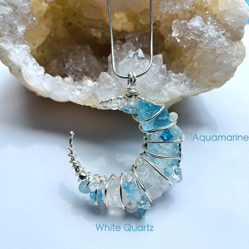 Natural Crystal Purely Handmade Moon-shaped Wrapped Wire Necklace-Customized