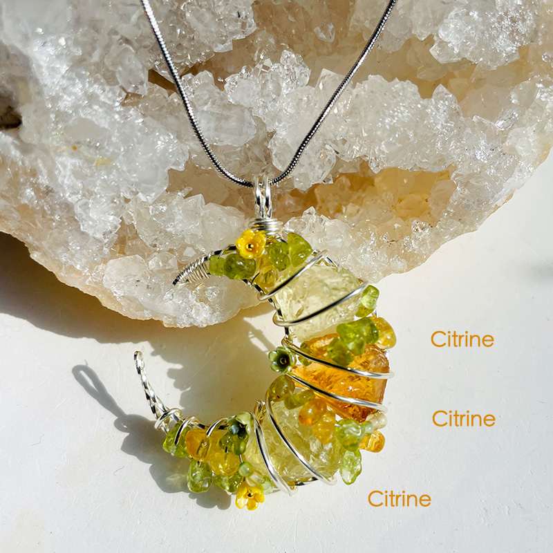 Natural Crystal Purely Handmade Moon-shaped Wrapped Wire Necklace-Customized