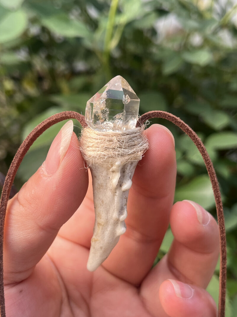 Natural Crystal Raw Stone Shining Quartz Antler - shaped Necklace