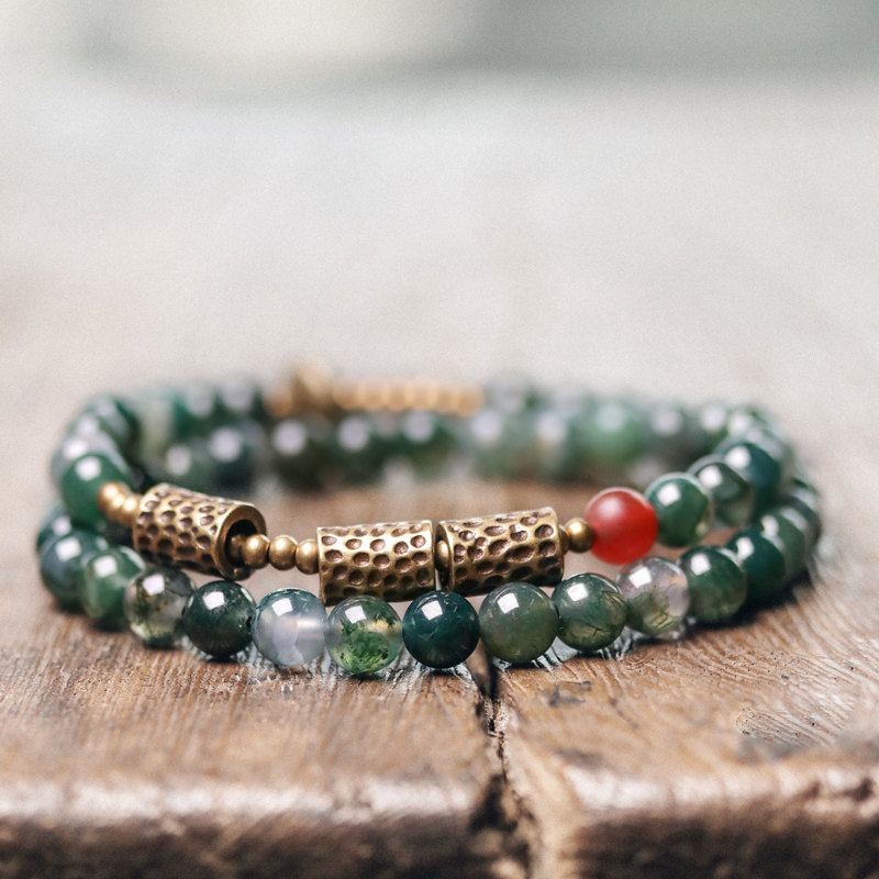 主图-01 Aquatic Grass Agate Bead Bracelet with Brass Accents