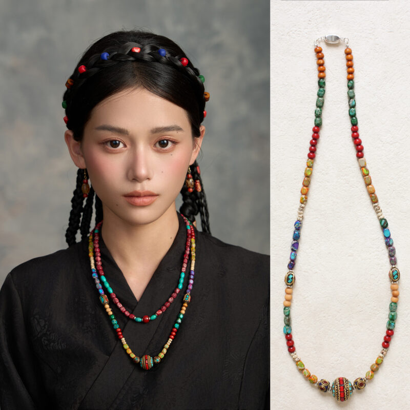 Necklace made of colorful ore and bodhi beads
